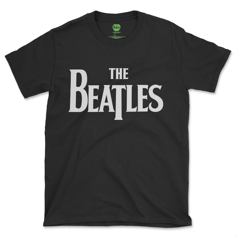 Black t-shirt with the white The Beatles drop T logo, laid flat