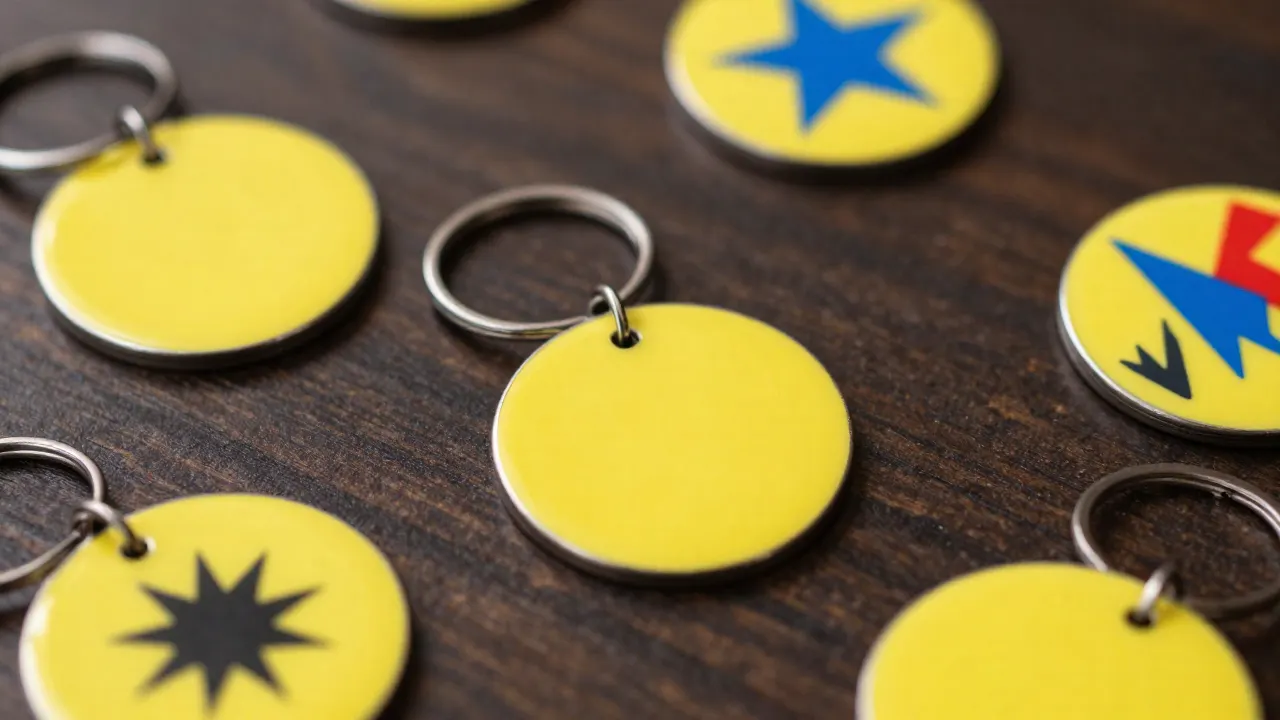 Lemon yellow enamel keyrings with star and lightning shapes on a dark wooden table