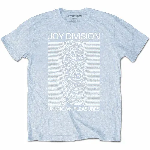 Light blue Joy Division Unknown Pleasures t-shirt with the pulsar waves printed in white