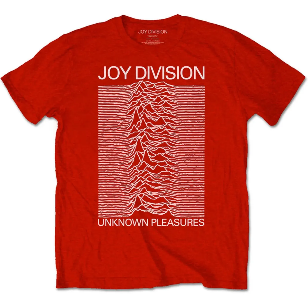 Red Joy Division Unknown Pleasures t-shirt with the pulsar waves printed in white