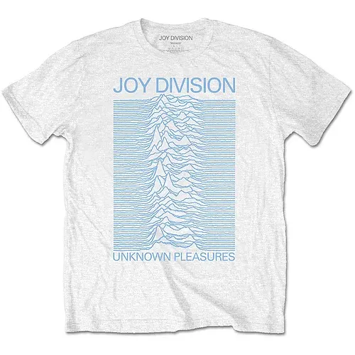 White Joy Division Unknown Pleasures t-shirt with the pulsar waves printed in light blue