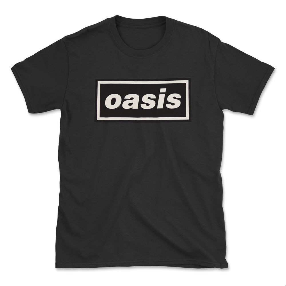 Black t-shirt with the white boxed Oasis logo