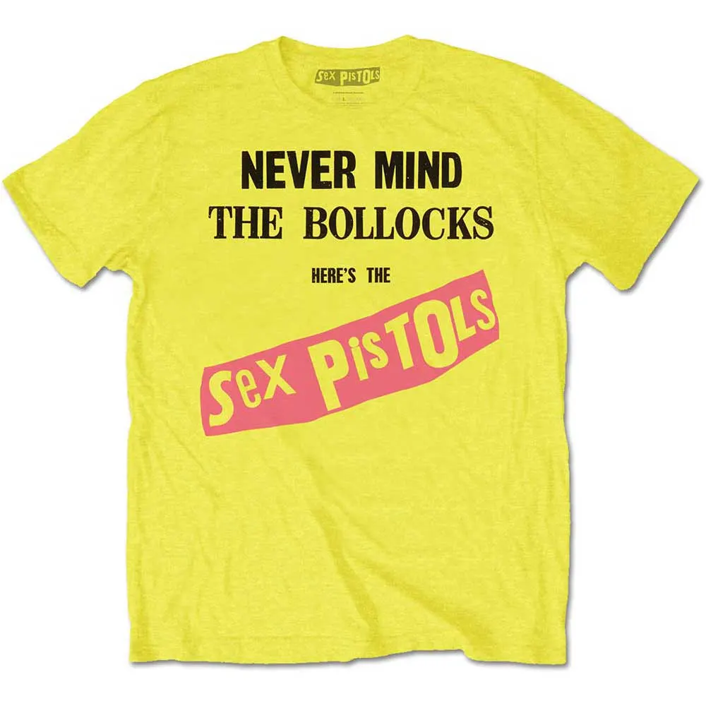 Yellow Sex Pistols Never Mind The Bollocks t-shirt with the album cover lettering in black and pink