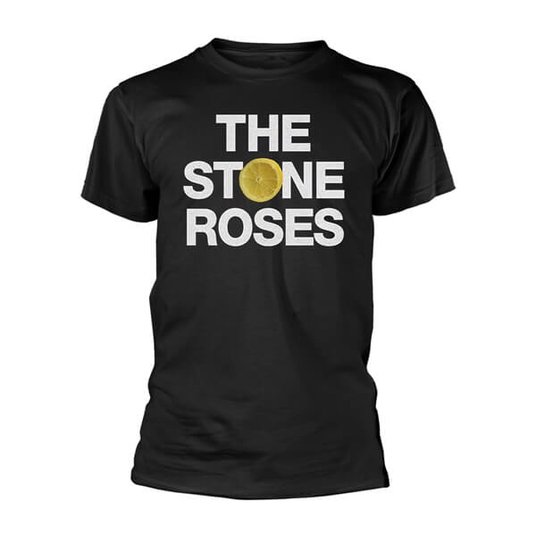 Black The Stone Roses logo t-shirt with a lemon slice in the O